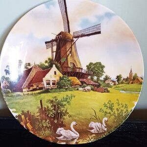 A Royal Schwabap Holland Porcelain Plate with a Windmill and Swans 1984